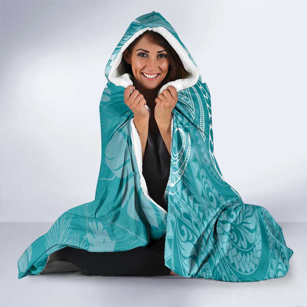 Teal Polynesia Hammerhead Shark Tattoo With Plumeria Lei Hooded Blanket