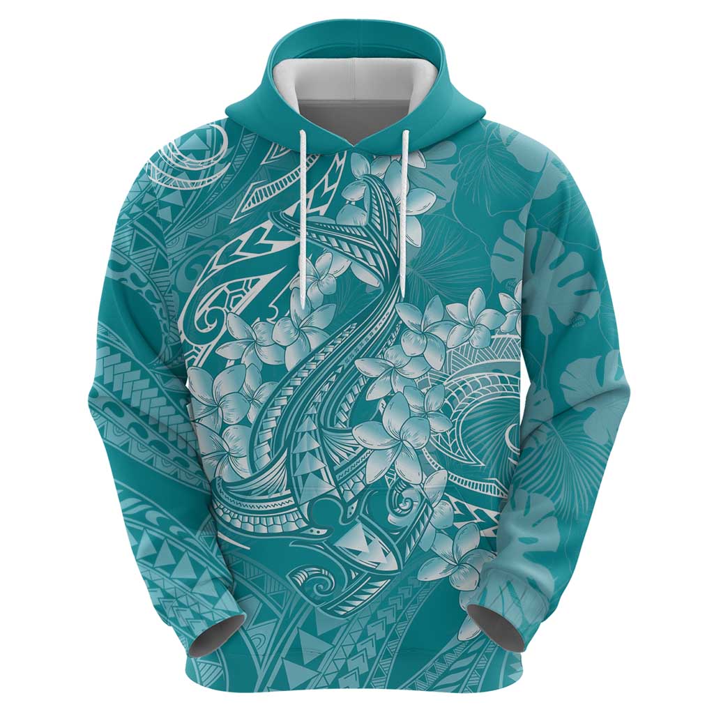 Teal Polynesia Hammerhead Shark Tattoo With Plumeria Lei Hoodie