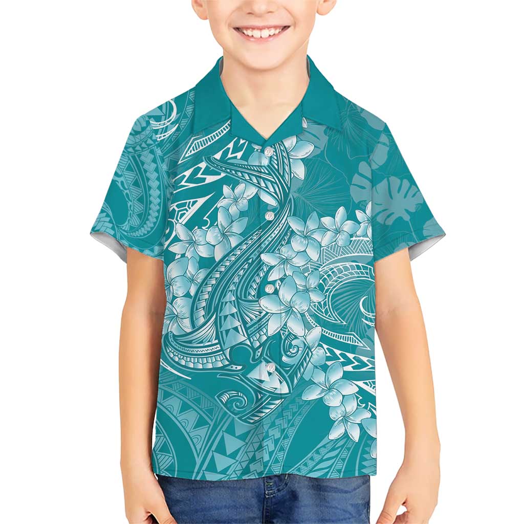 Teal Polynesia Hammerhead Shark Tattoo With Plumeria Lei Kid Hawaiian Shirt