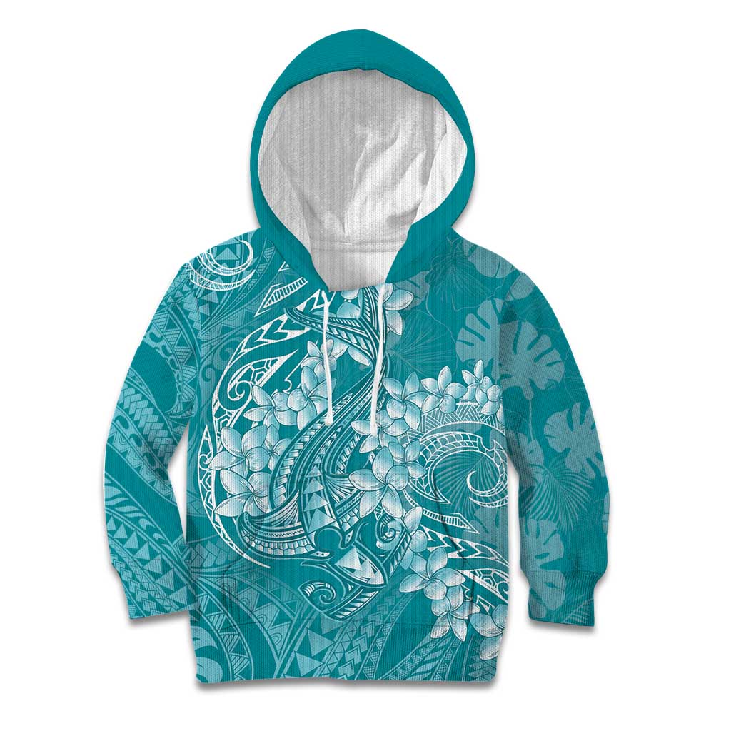 Teal Polynesia Hammerhead Shark Tattoo With Plumeria Lei Kid Hoodie LT14 Hoodie Teal - Polynesian Pride