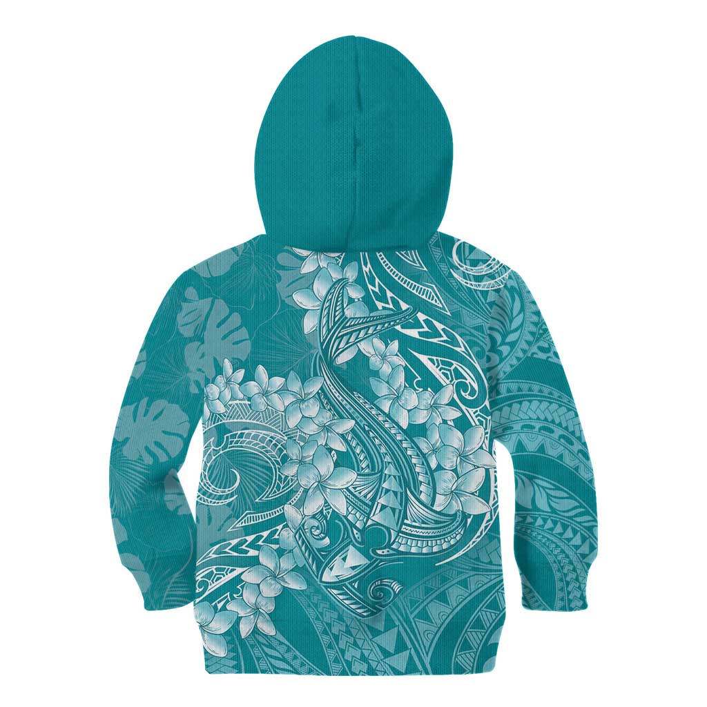 Teal Polynesia Hammerhead Shark Tattoo With Plumeria Lei Kid Hoodie LT14 - Polynesian Pride
