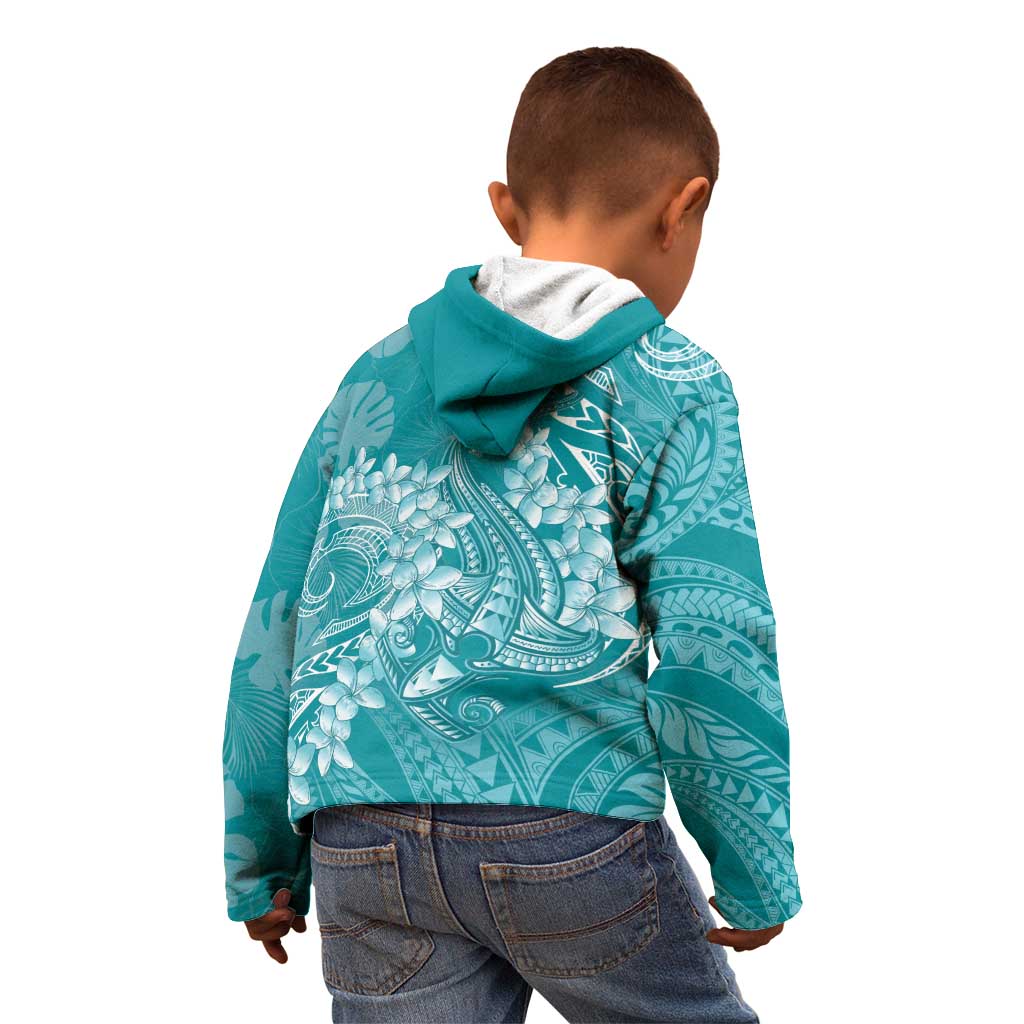 Teal Polynesia Hammerhead Shark Tattoo With Plumeria Lei Kid Hoodie LT14 - Polynesian Pride