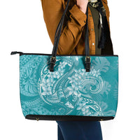 Teal Polynesia Hammerhead Shark Tattoo With Plumeria Lei Leather Tote Bag