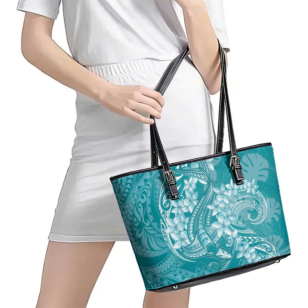 Teal Polynesia Hammerhead Shark Tattoo With Plumeria Lei Leather Tote Bag