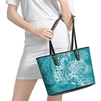 Teal Polynesia Hammerhead Shark Tattoo With Plumeria Lei Leather Tote Bag