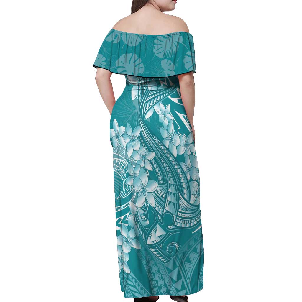 Teal Polynesia Hammerhead Shark Tattoo With Plumeria Lei Off Shoulder Maxi Dress