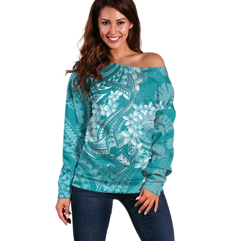 Teal Polynesia Hammerhead Shark Tattoo With Plumeria Lei Off Shoulder Sweater