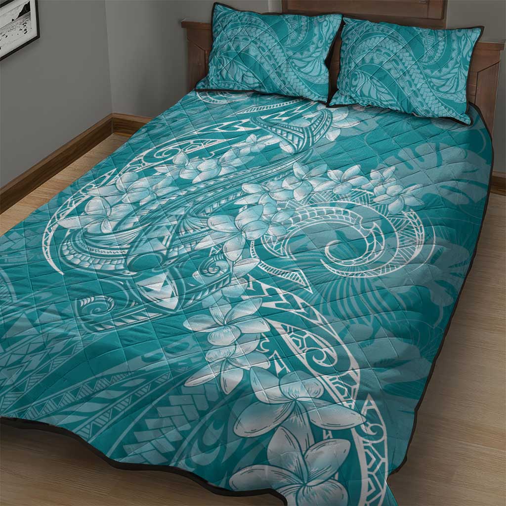 Teal Polynesia Hammerhead Shark Tattoo With Plumeria Lei Quilt Bed Set