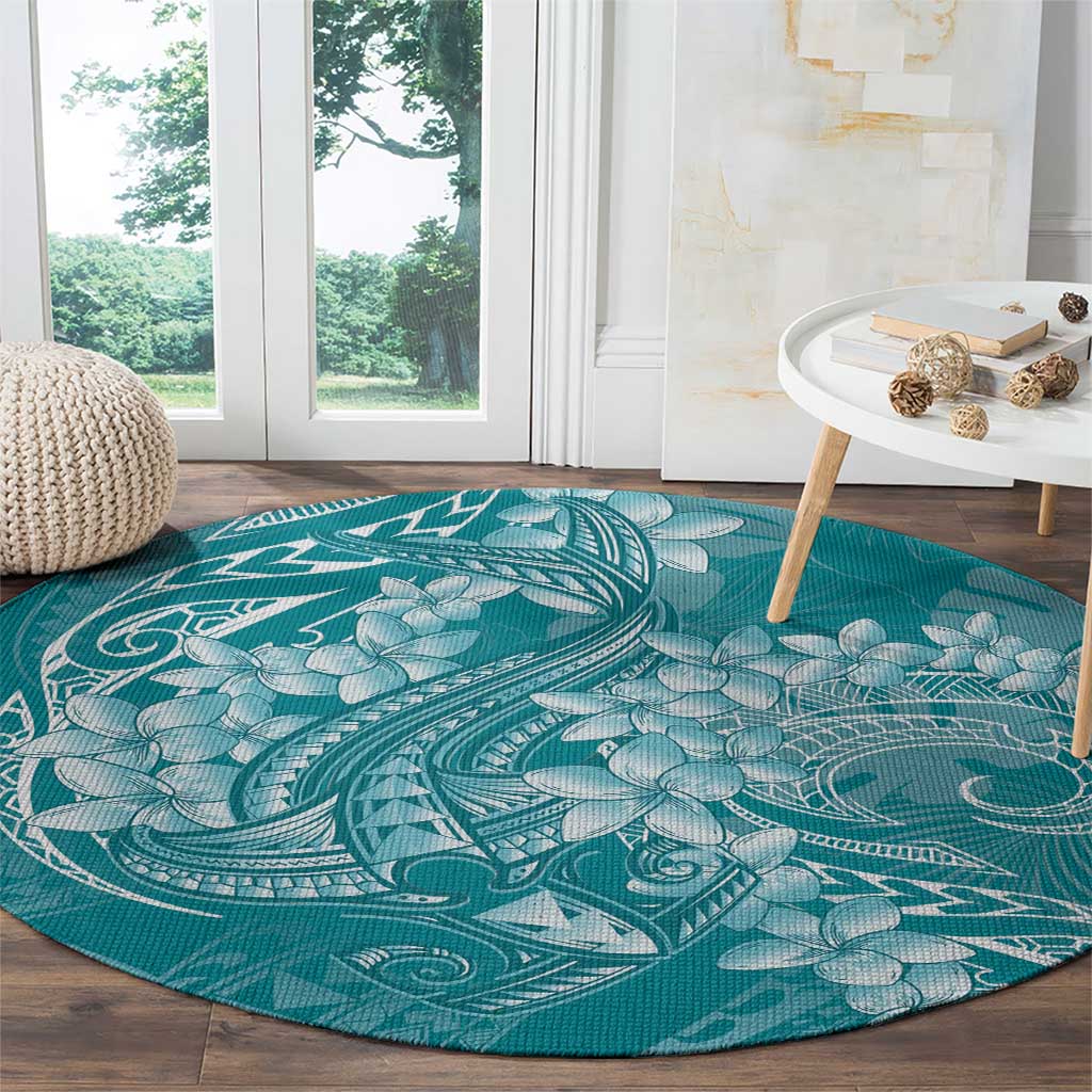 Teal Polynesia Hammerhead Shark Tattoo With Plumeria Lei Round Carpet