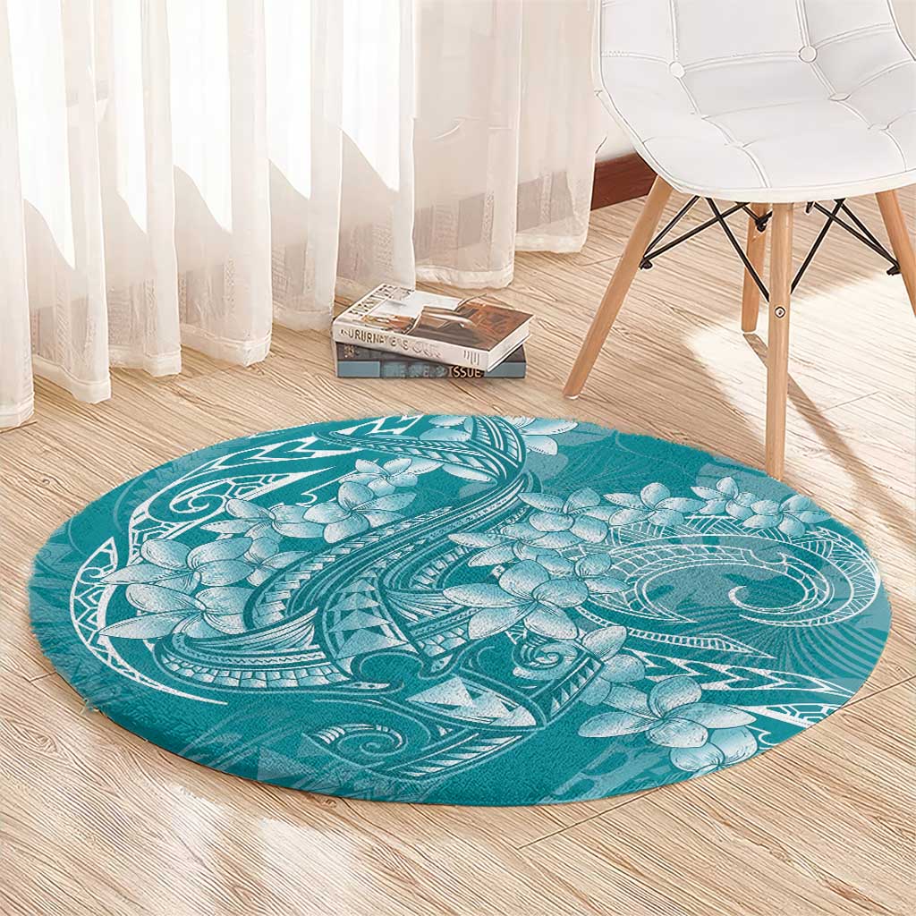 Teal Polynesia Hammerhead Shark Tattoo With Plumeria Lei Round Carpet