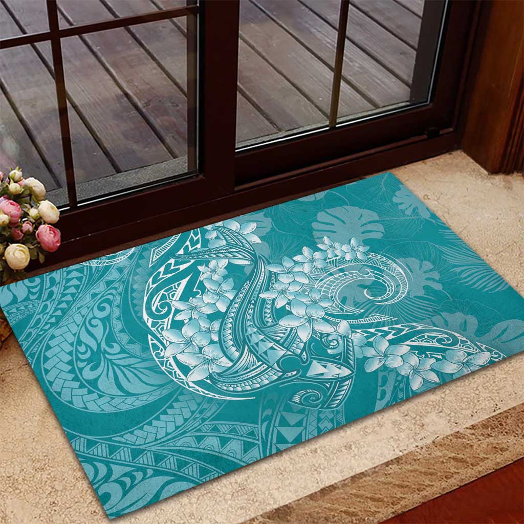 Teal Polynesia Hammerhead Shark Tattoo With Plumeria Lei Rubber Doormat