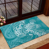 Teal Polynesia Hammerhead Shark Tattoo With Plumeria Lei Rubber Doormat