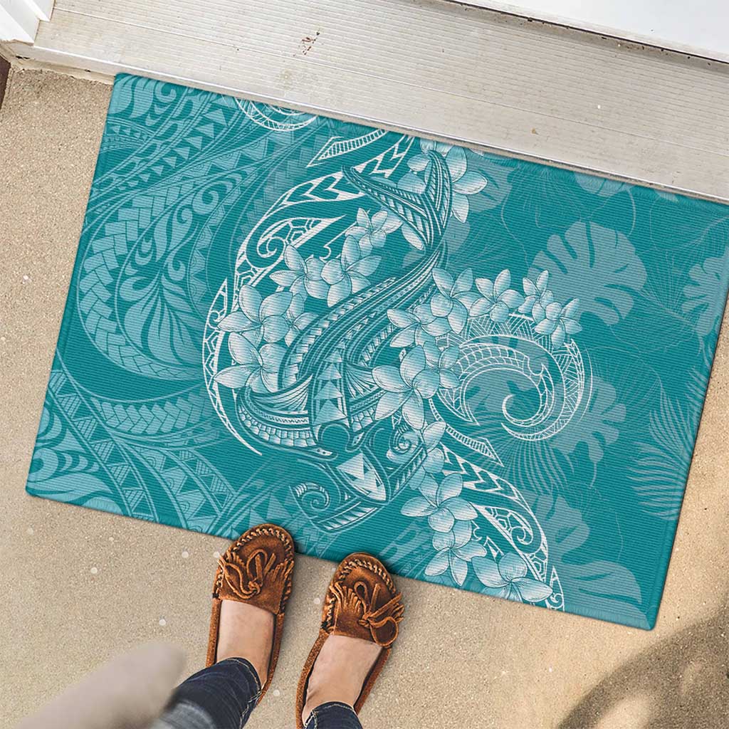 Teal Polynesia Hammerhead Shark Tattoo With Plumeria Lei Rubber Doormat