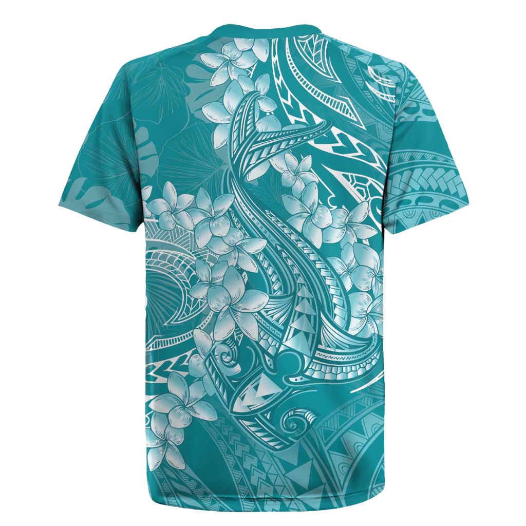 Teal Polynesia Hammerhead Shark Tattoo With Plumeria Lei Rugby Jersey