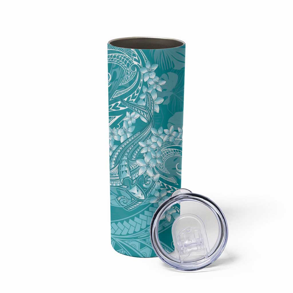Teal Polynesia Hammerhead Shark Tattoo With Plumeria Lei Skinny Tumbler
