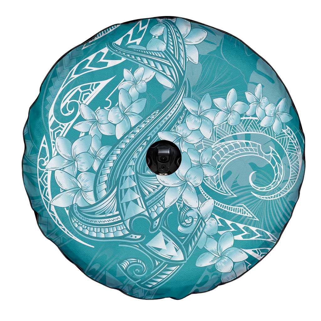 Teal Polynesia Hammerhead Shark Tattoo With Plumeria Lei Spare Tire Cover