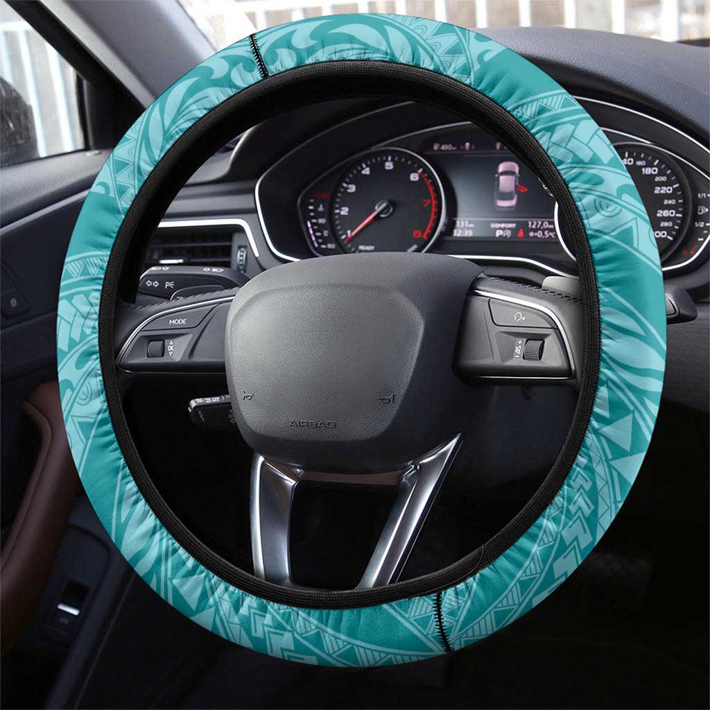 Teal Polynesia Hammerhead Shark Tattoo With Plumeria Lei Steering Wheel Cover