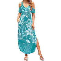 Teal Polynesia Hammerhead Shark Tattoo With Plumeria Lei Summer Maxi Dress
