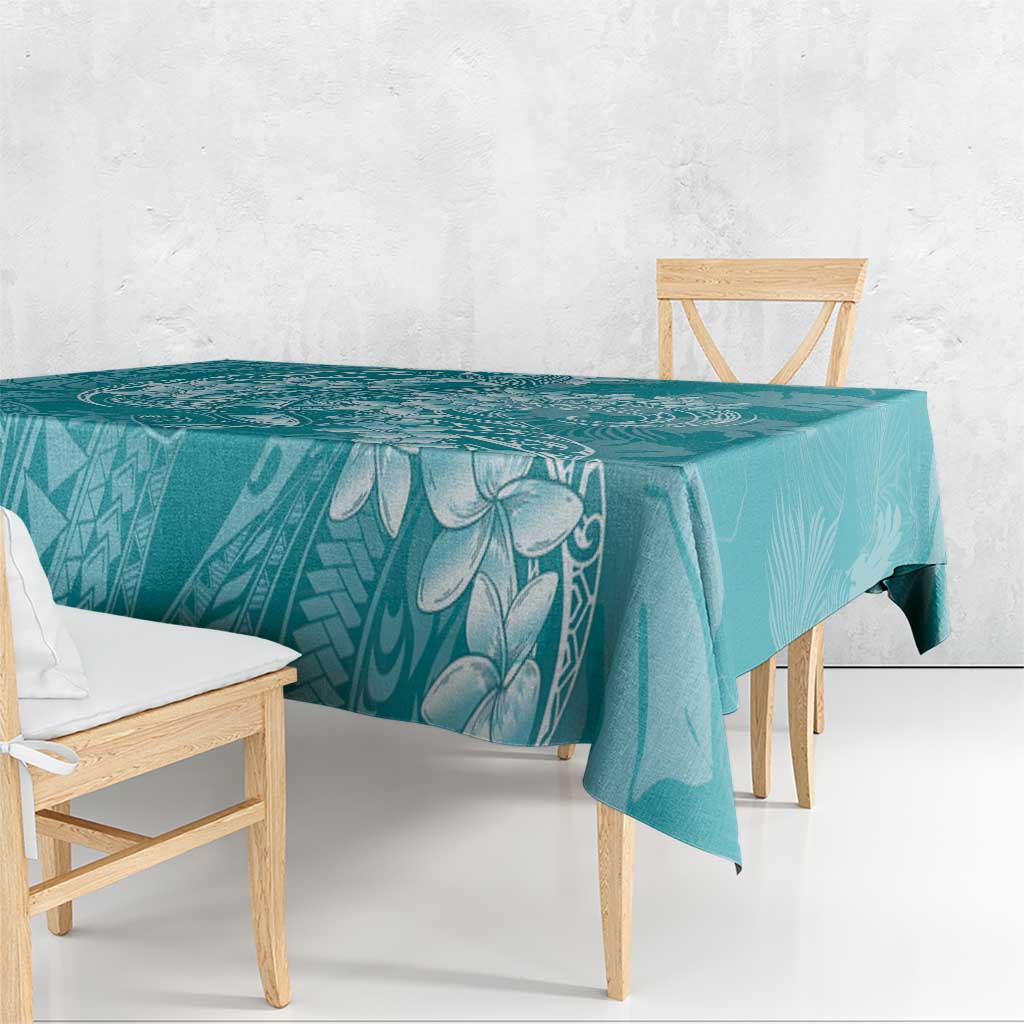 Teal Polynesia Hammerhead Shark Tattoo With Plumeria Lei Tablecloth