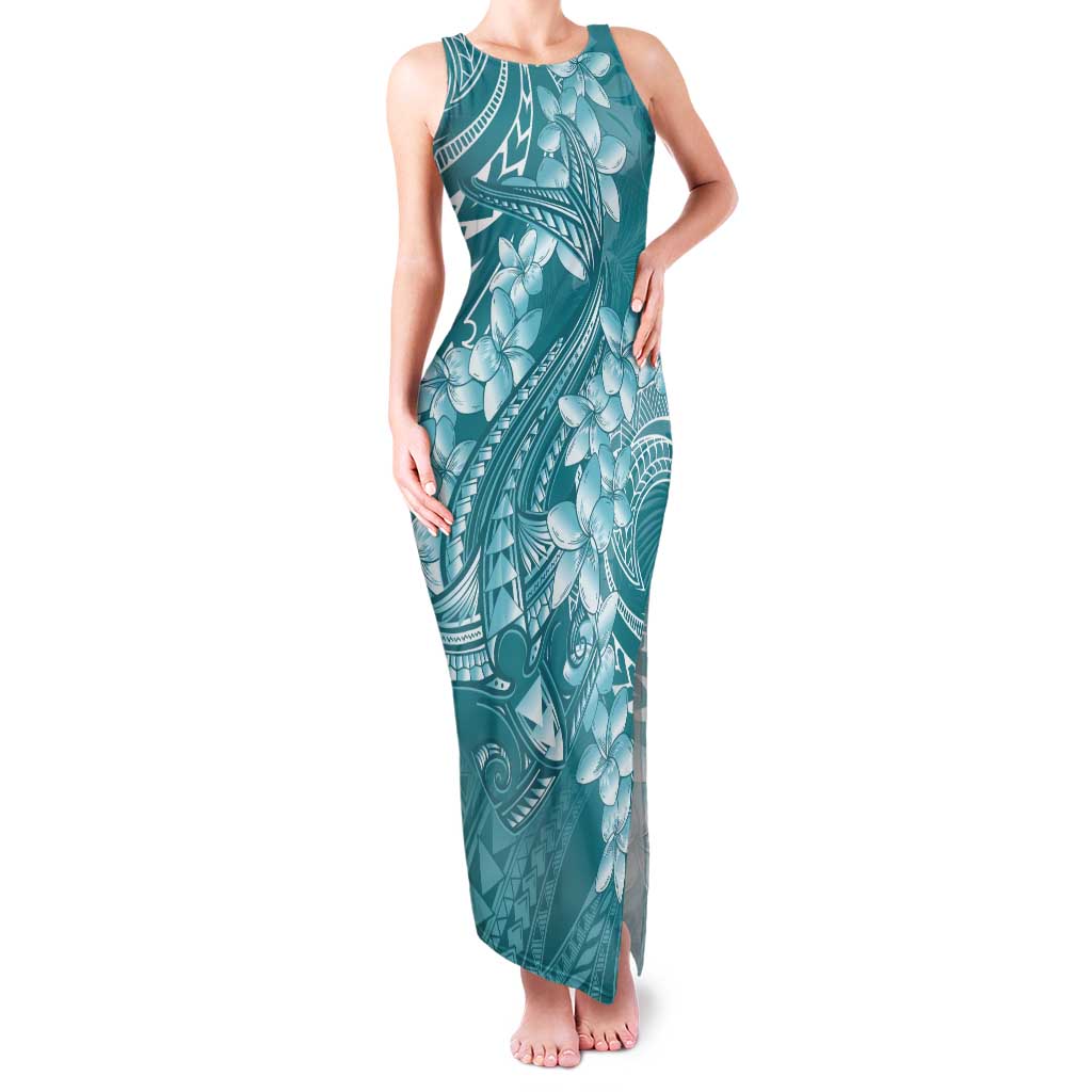 Teal Polynesia Hammerhead Shark Tattoo With Plumeria Lei Tank Maxi Dress