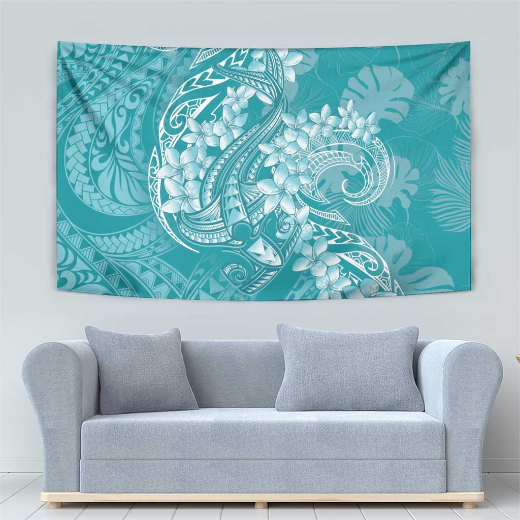Teal Polynesia Hammerhead Shark Tattoo With Plumeria Lei Tapestry