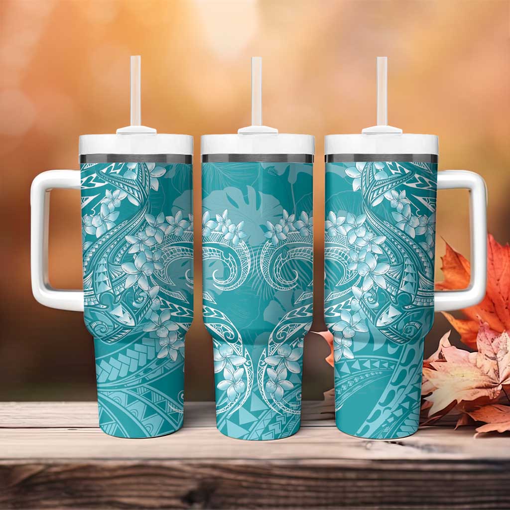 Teal Polynesia Hammerhead Shark Tattoo With Plumeria Lei Tumbler With Handle