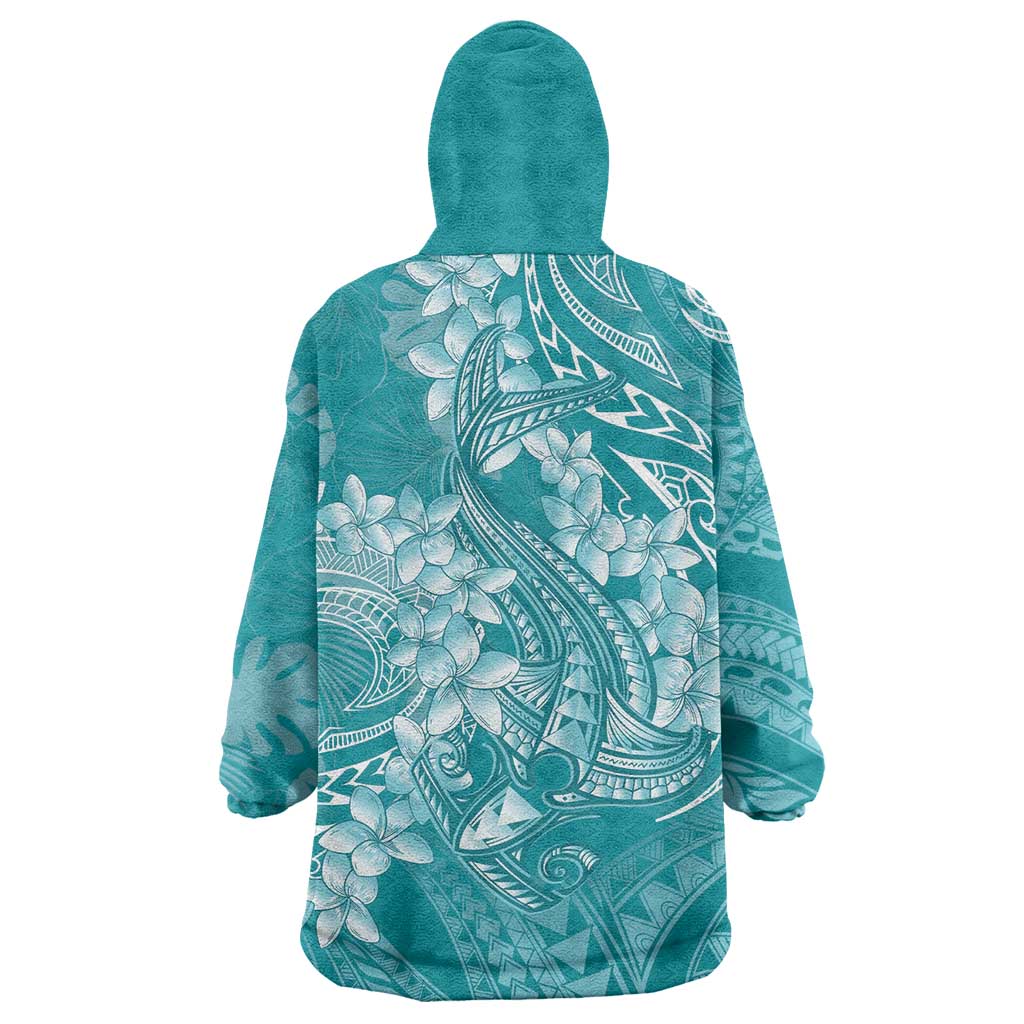 Teal Polynesia Hammerhead Shark Tattoo With Plumeria Lei Wearable Blanket Hoodie