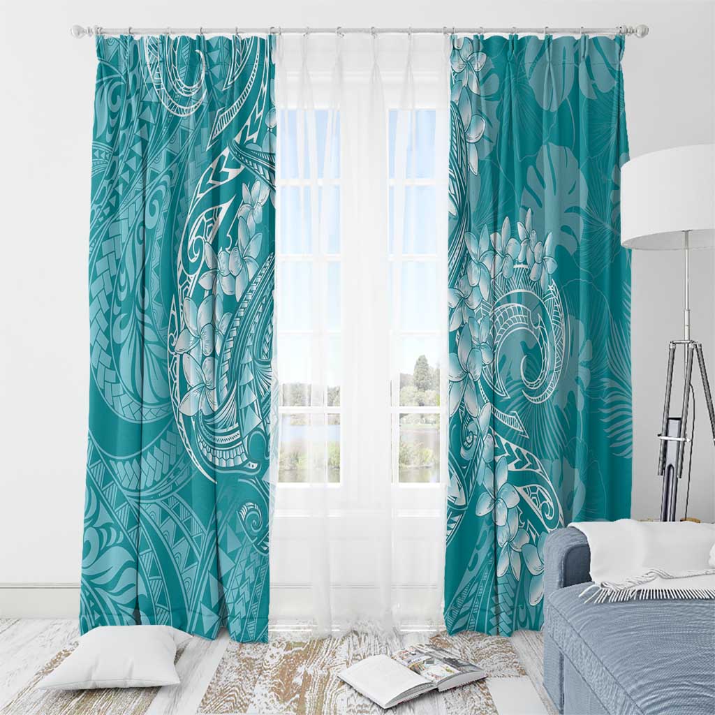 Teal Polynesia Hammerhead Shark Tattoo With Plumeria Lei Window Curtain