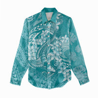 Teal Polynesia Hammerhead Shark Tattoo With Plumeria Lei Women Casual Shirt