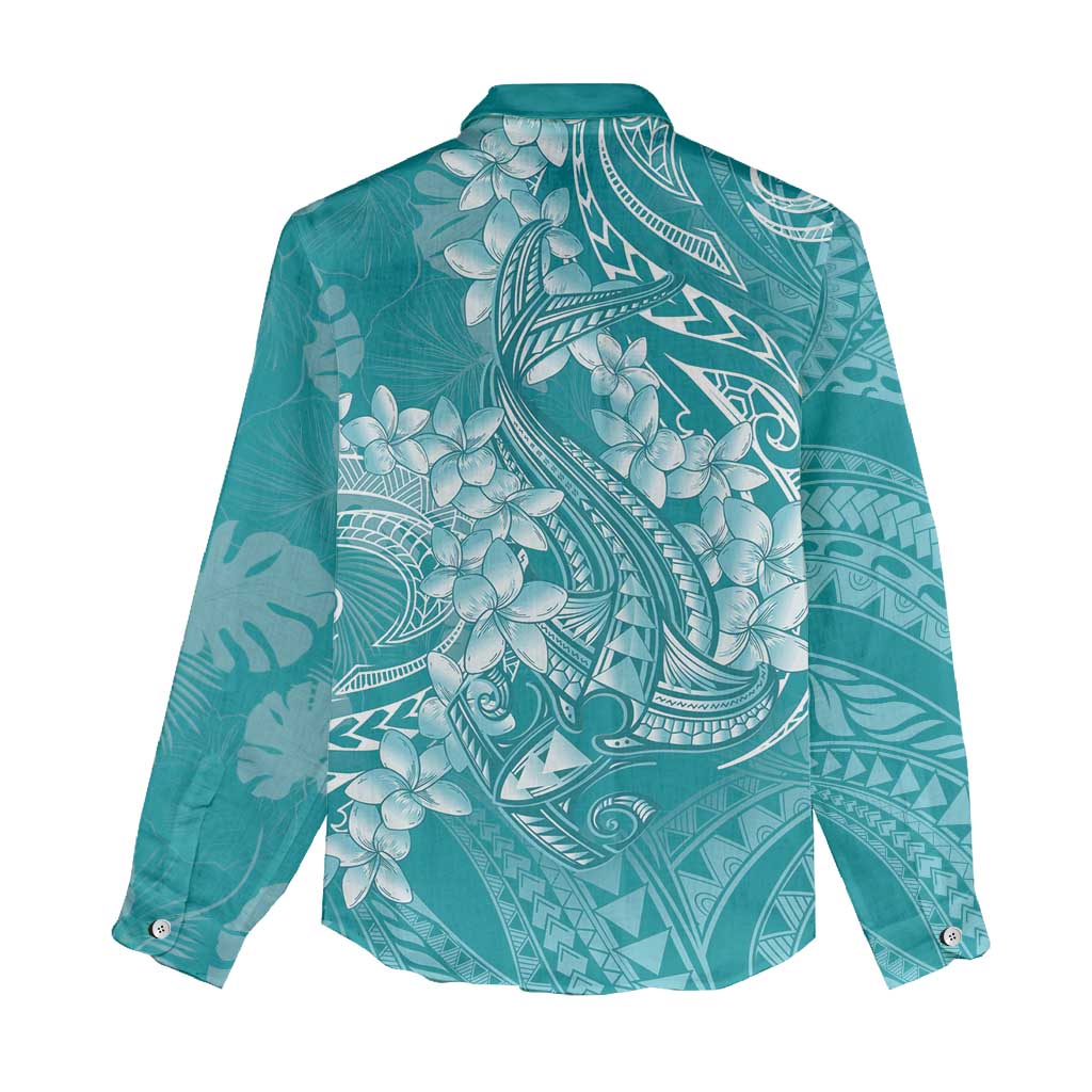 Teal Polynesia Hammerhead Shark Tattoo With Plumeria Lei Women Casual Shirt