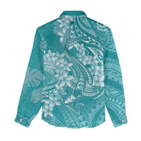Teal Polynesia Hammerhead Shark Tattoo With Plumeria Lei Women Casual Shirt