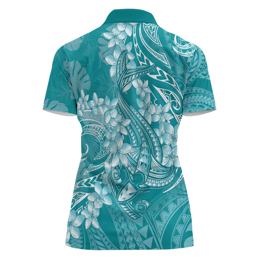 Teal Polynesia Hammerhead Shark Tattoo With Plumeria Lei Women Polo Shirt