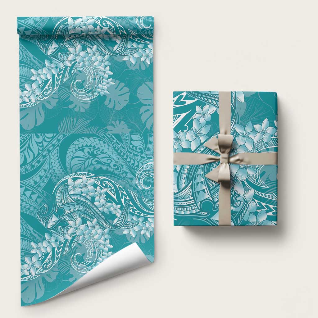 Teal Polynesia Hammerhead Shark Tattoo With Plumeria Lei Wrapping Paper - Polynesian Pride