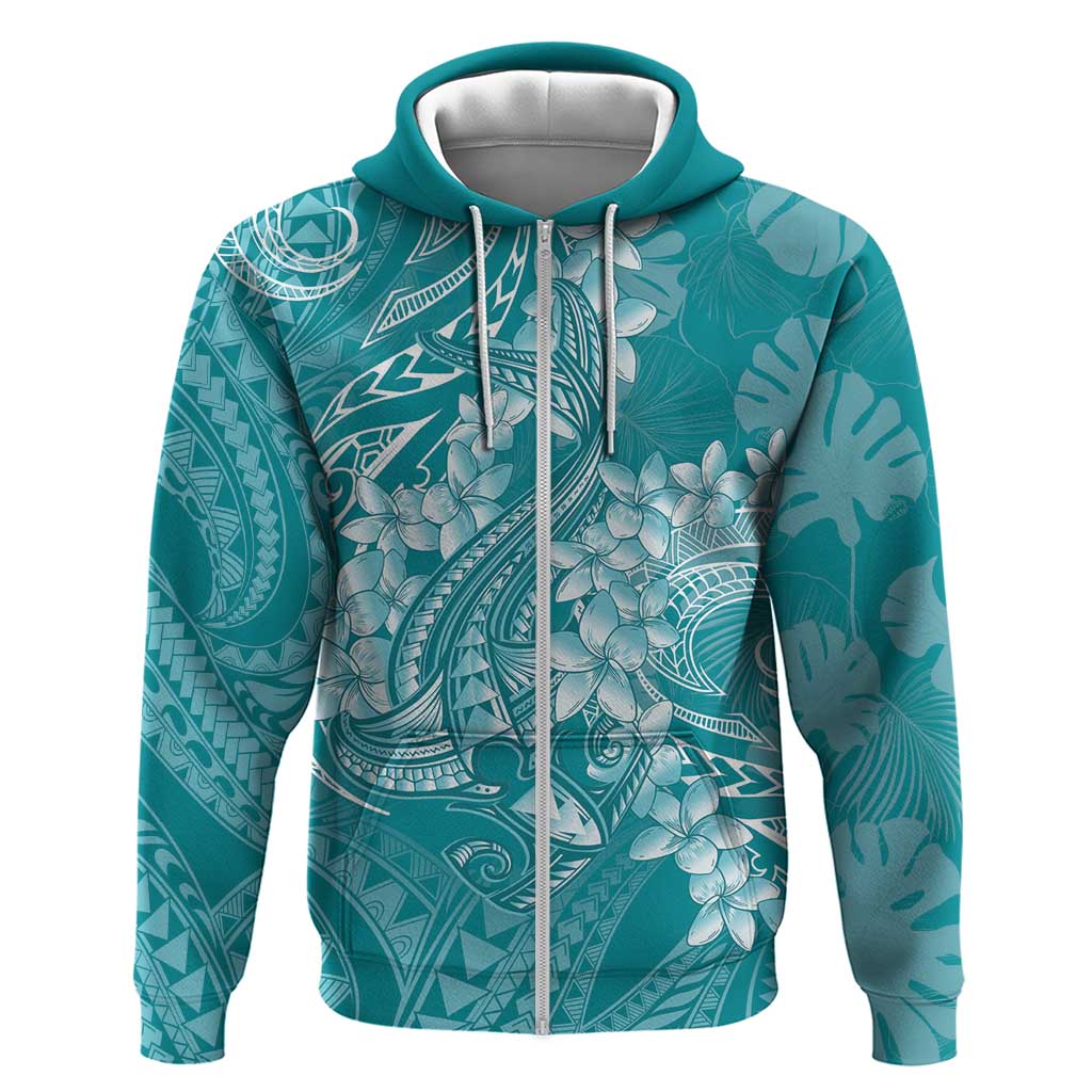 Teal Polynesia Hammerhead Shark Tattoo With Plumeria Lei Zip Hoodie