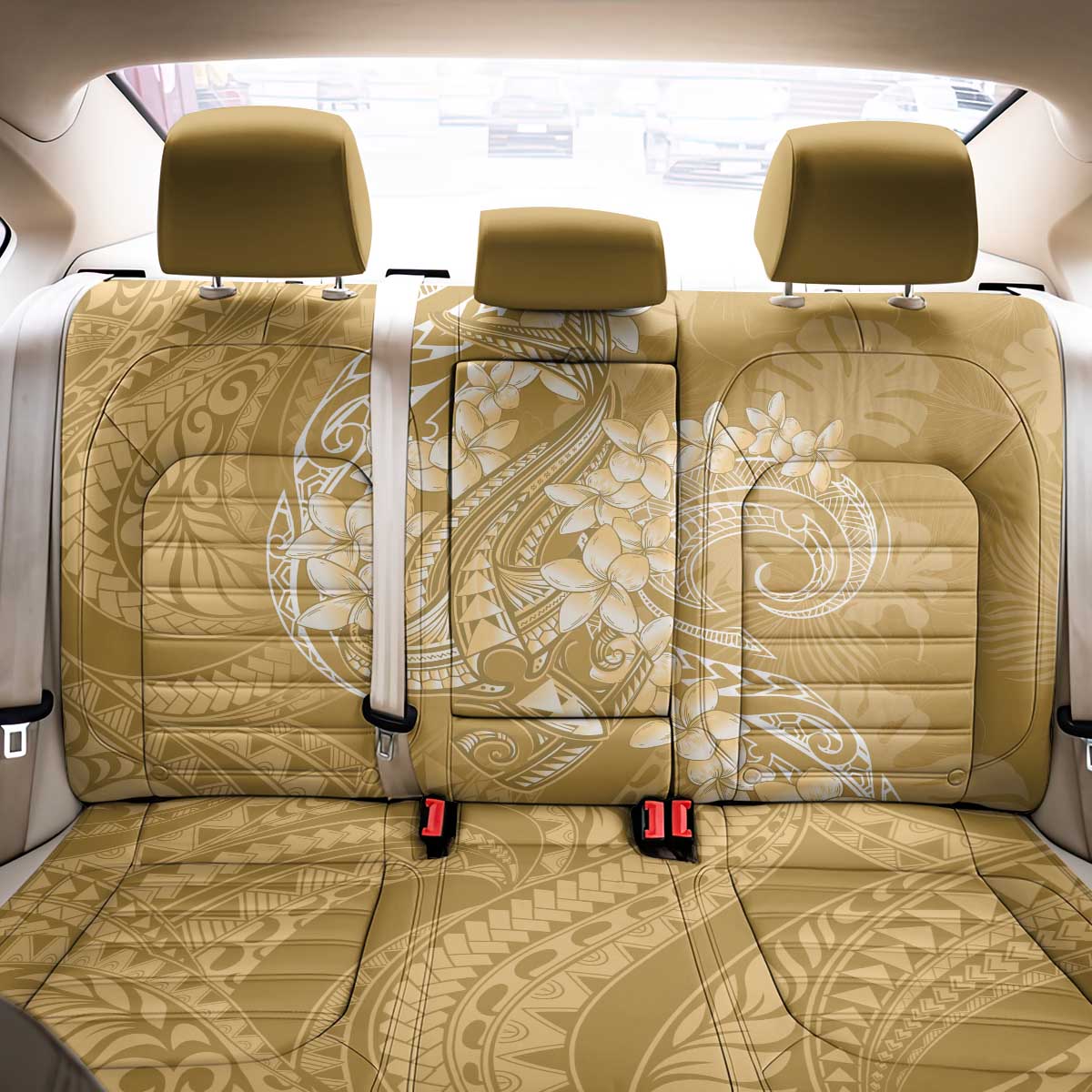 Yellow Polynesia Hammerhead Shark Tattoo With Plumeria Lei Back Car Seat Cover