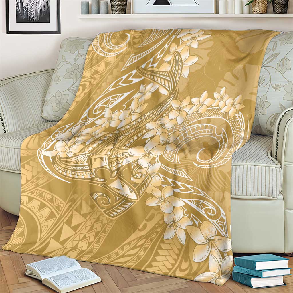 Yellow Polynesia Hammerhead Shark Tattoo With Plumeria Lei Blanket