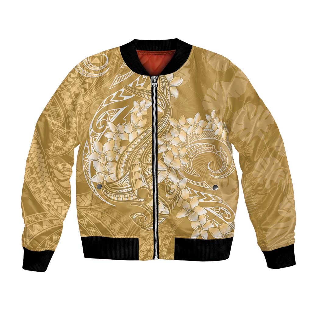 Yellow Polynesia Hammerhead Shark Tattoo With Plumeria Lei Bomber Jacket