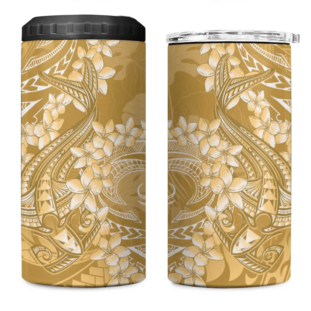 Yellow Polynesia Hammerhead Shark Tattoo With Plumeria Lei 4 in 1 Can Cooler Tumbler
