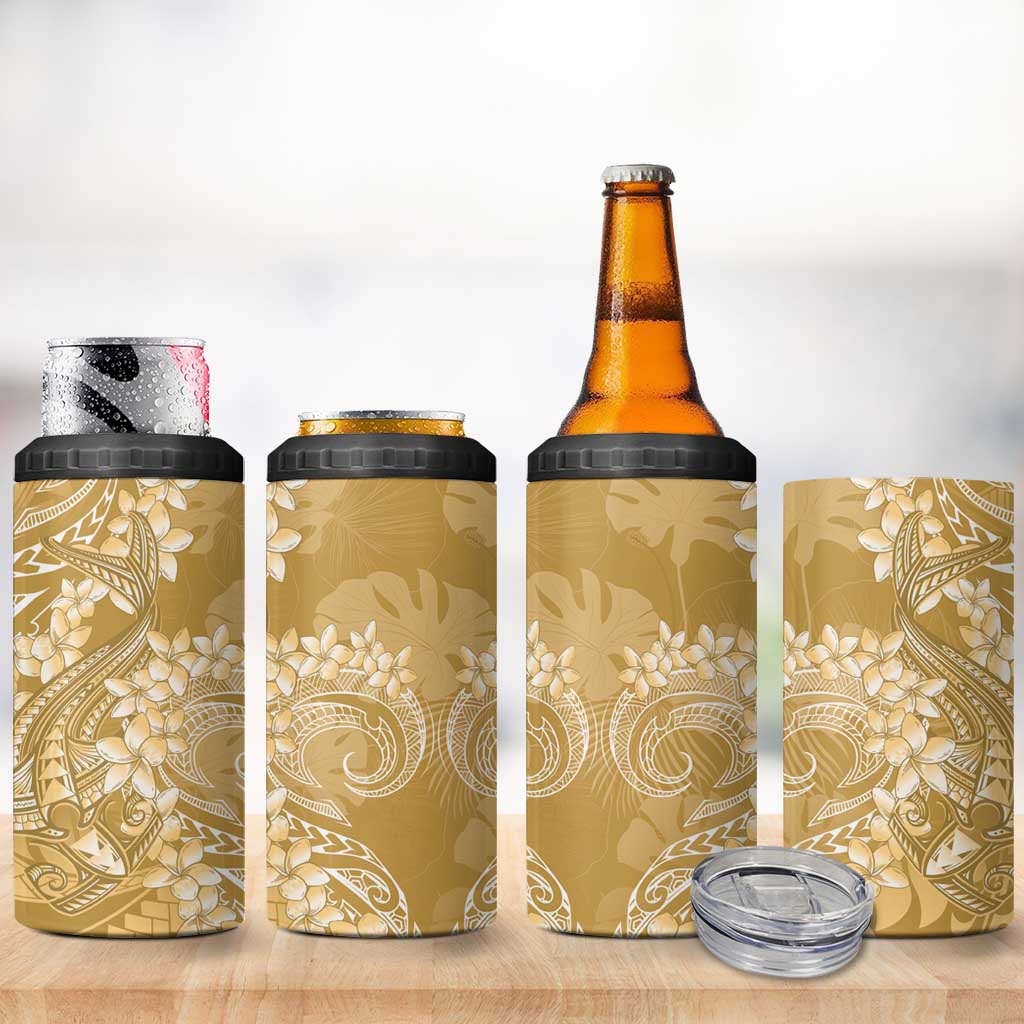 Yellow Polynesia Hammerhead Shark Tattoo With Plumeria Lei 4 in 1 Can Cooler Tumbler