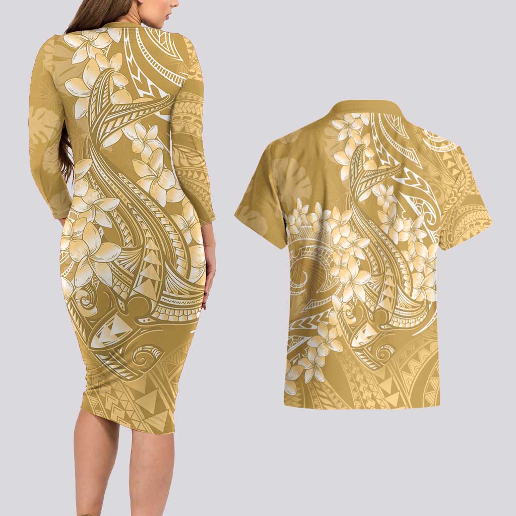 Yellow Polynesia Hammerhead Shark Tattoo With Plumeria Lei Couples Matching Long Sleeve Bodycon Dress and Hawaiian Shirt