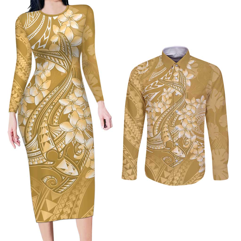Yellow Polynesia Hammerhead Shark Tattoo With Plumeria Lei Couples Matching Long Sleeve Bodycon Dress and Long Sleeve Button Shirt LT14 Yellow - Polynesian Pride