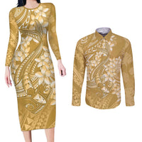 Yellow Polynesia Hammerhead Shark Tattoo With Plumeria Lei Couples Matching Long Sleeve Bodycon Dress and Long Sleeve Button Shirt LT14 Yellow - Polynesian Pride