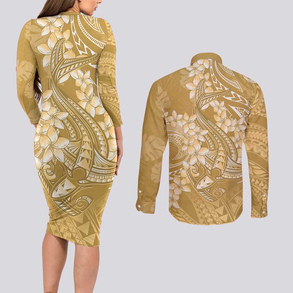 Yellow Polynesia Hammerhead Shark Tattoo With Plumeria Lei Couples Matching Long Sleeve Bodycon Dress and Long Sleeve Button Shirt LT14 - Polynesian Pride