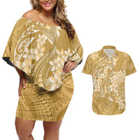 Yellow Polynesia Hammerhead Shark Tattoo With Plumeria Lei Couples Matching Off Shoulder Short Dress and Hawaiian Shirt