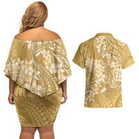 Yellow Polynesia Hammerhead Shark Tattoo With Plumeria Lei Couples Matching Off Shoulder Short Dress and Hawaiian Shirt