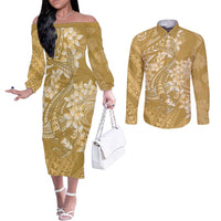 Yellow Polynesia Hammerhead Shark Tattoo With Plumeria Lei Couples Matching Off The Shoulder Long Sleeve Dress and Long Sleeve Button Shirt