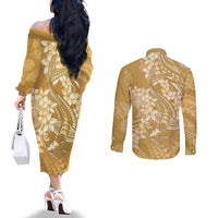 Yellow Polynesia Hammerhead Shark Tattoo With Plumeria Lei Couples Matching Off The Shoulder Long Sleeve Dress and Long Sleeve Button Shirt
