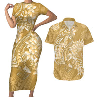 Yellow Polynesia Hammerhead Shark Tattoo With Plumeria Lei Couples Matching Short Sleeve Bodycon Dress and Hawaiian Shirt