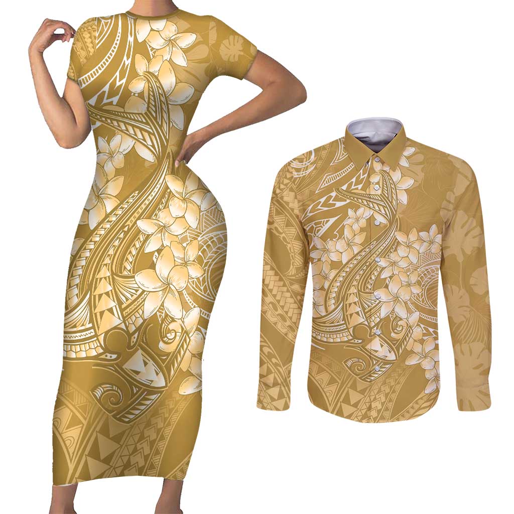 Yellow Polynesia Hammerhead Shark Tattoo With Plumeria Lei Couples Matching Short Sleeve Bodycon Dress and Long Sleeve Button Shirt LT14 Yellow - Polynesian Pride