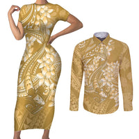 Yellow Polynesia Hammerhead Shark Tattoo With Plumeria Lei Couples Matching Short Sleeve Bodycon Dress and Long Sleeve Button Shirt LT14 Yellow - Polynesian Pride